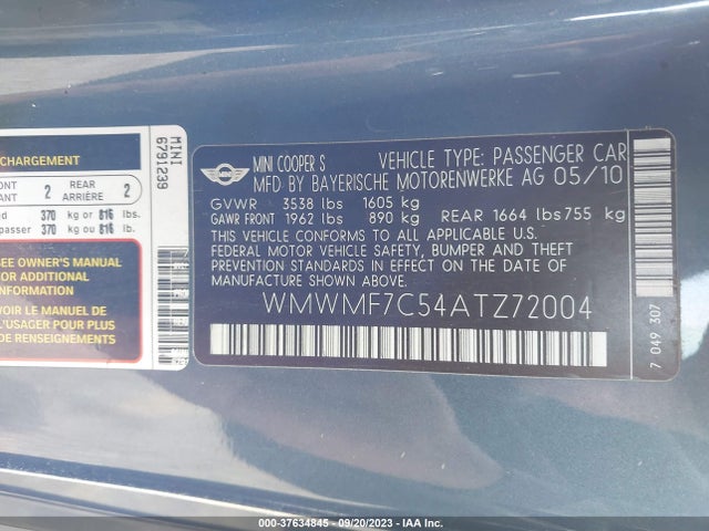 2010 MINI COOPER HARDTOP WMWMF7C54ATZ72004 Photo 8
