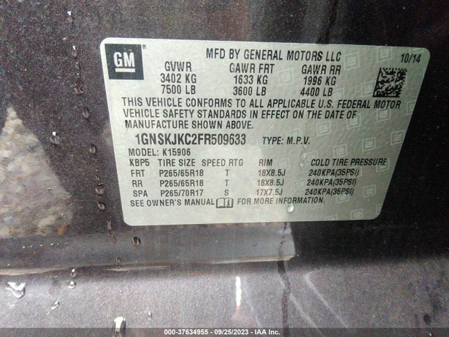Chevrolet Suburban Lt 2015 1GNSKJKC2FR509633 Image 9