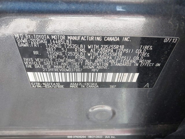 2013 TOYOTA RAV4 LIMITED VIN: 2T3YFREV0DW037867