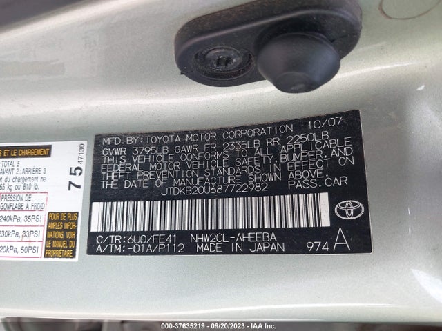 2008 TOYOTA PRIUS VIN: JTDKB20U687722982