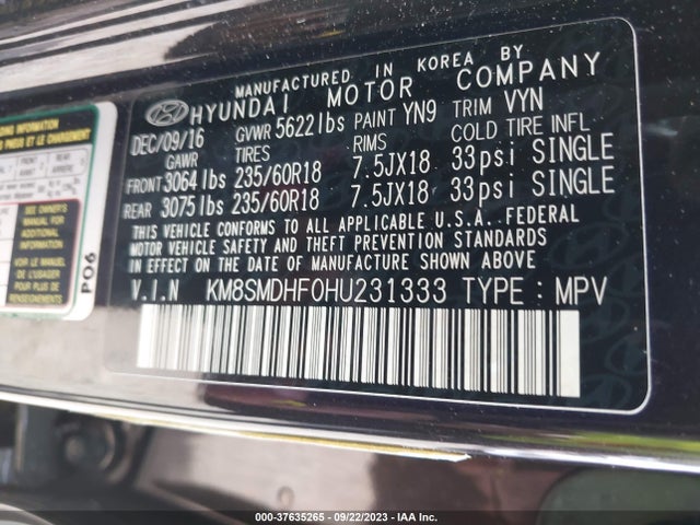 Hyundai Santa Fe Se 2017 KM8SMDHF0HU231333 Image 9