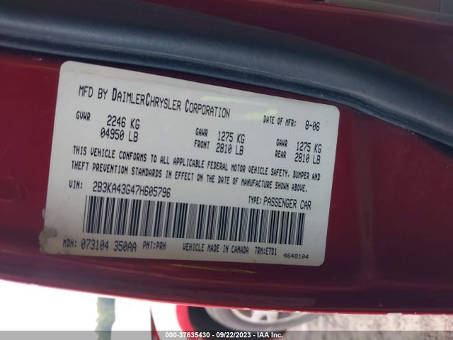 2007 Dodge Charger მანქანა იყიდება აუქციონზე, vin: 2B3KA43G47H605796, აუქციონის ნომერი: 37635430