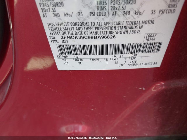 2009 FORD EDGE LIMITED VIN: 2FMDK39C99BA96826
