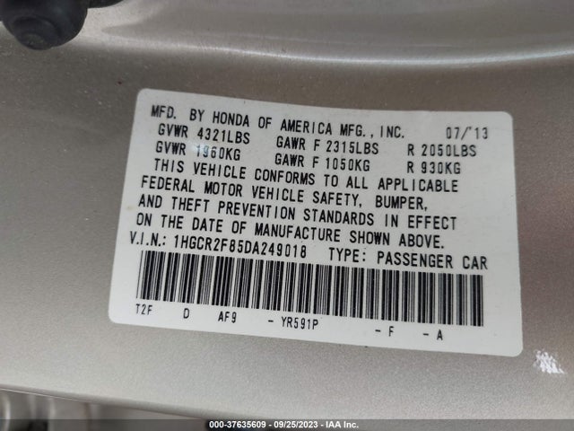 2013 HONDA ACCORD EX-L VIN: 1HGCR2F85DA249018
