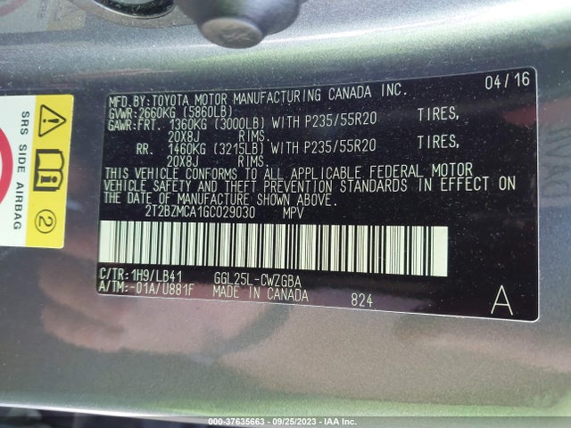 2T2BZMCA1GC029030 Lexus RX 350