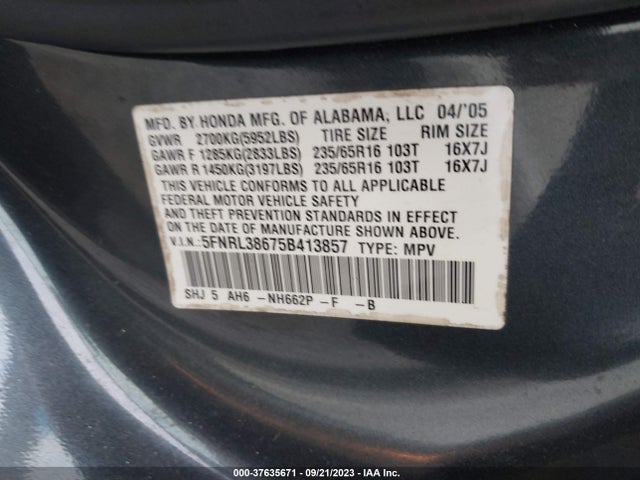 2005 HONDA ODYSSEY EX-L VIN: 5FNRL38675B413857