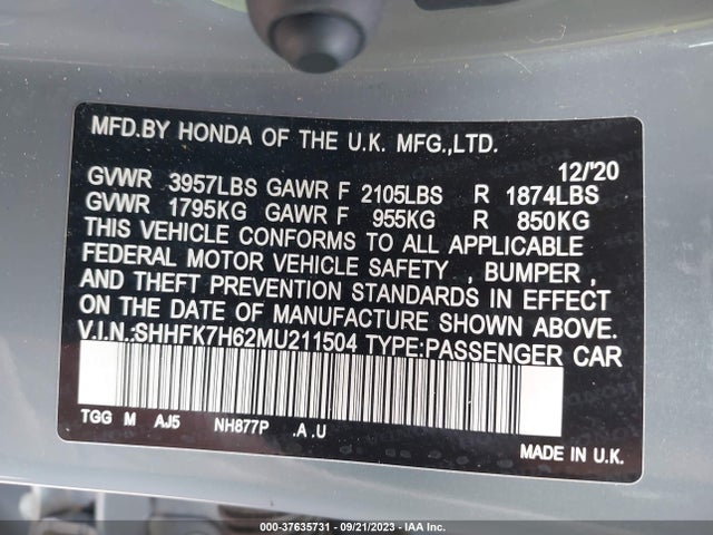 Honda Civic Hatchback Ex 2021 SHHFK7H62MU211504 Image 9