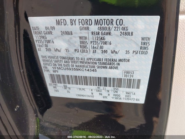 2009 FORD ESCAPE HYBRID VIN: 1FMCU59359KC14345