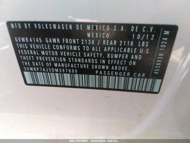 2013 VOLKSWAGEN JETTA SEDAN SE VIN: 3VWBP7AJ3DM397899