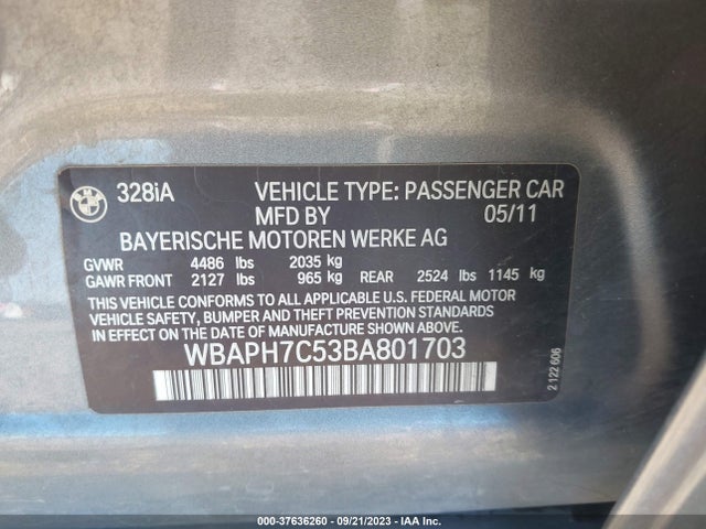 Продажа на аукционе авто 2011 Bmw 3 Series 328i, vin: WBAPH7C53BA801703, номер лота: 37636260