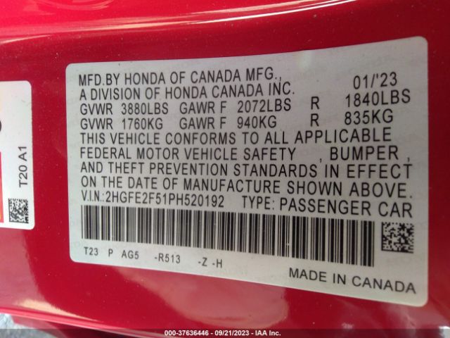 2HGFE2F51PH520192 Honda Civic Sedan Sport