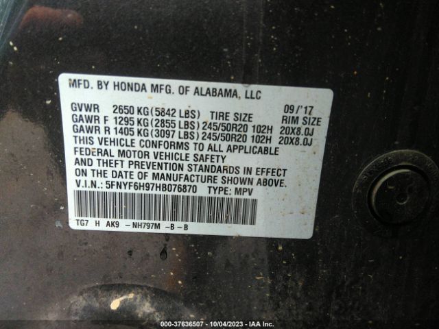 5FNYF6H97HB076870 Honda Pilot Touring