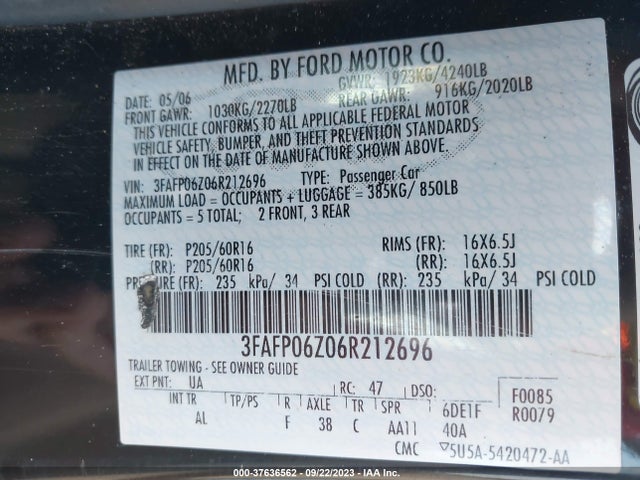 2006 FORD FUSION S VIN: 3FAFP06Z06R212696