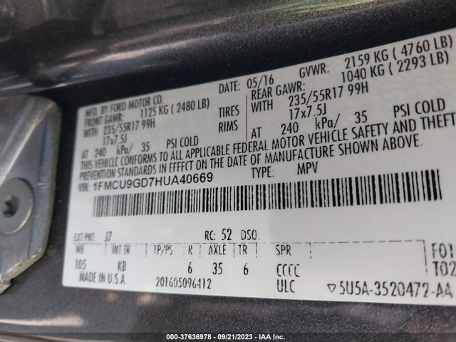 Ford ESCAPE SE 2017 1FMCU9GD7HUA40669 Image 9