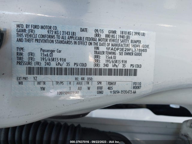 2015 FORD FOCUS S VIN: 1FADP3E29FL378985