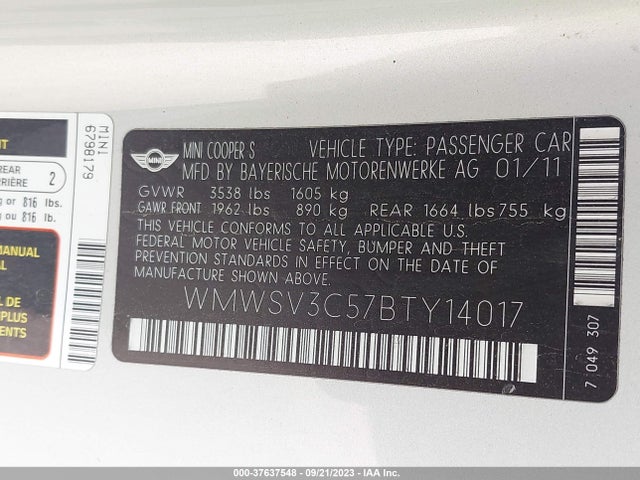 2011 MINI COOPER HARDTOP WMWSV3C57BTY14017 Photo 8