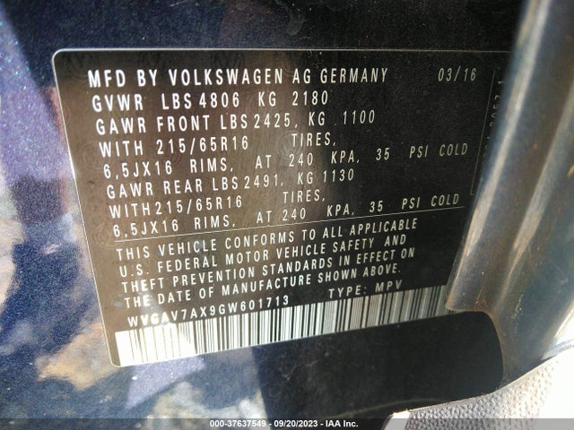 WVGAV7AX9GW601713 Volkswagen TIGUAN S