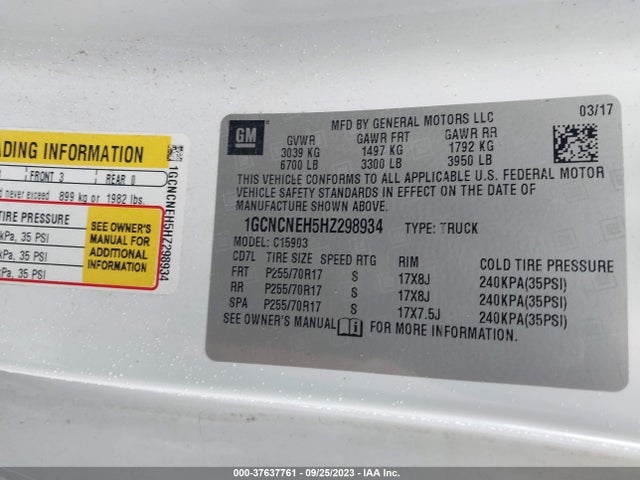 2017 CHEVROLET SILVERADO 1500 WORK TRUCK VIN: 1GCNCNEH5HZ298934