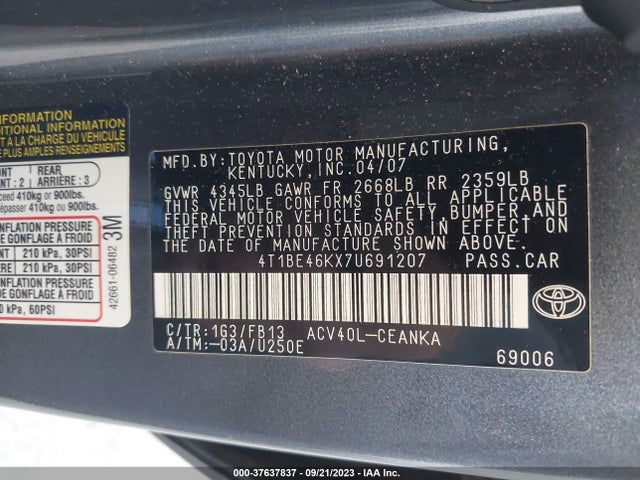 2007 TOYOTA CAMRY CE/LE/SE/XLE VIN: 4T1BE46KX7U691207