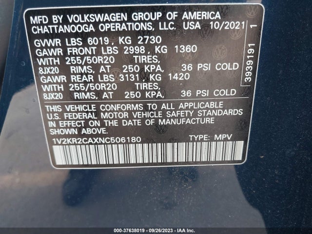 1V2KR2CAXNC506180 Volkswagen Atlas 3.6l V6 Se W/technology