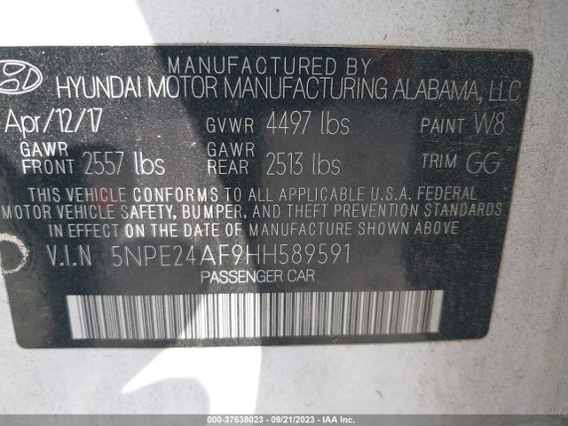 Hyundai Sonata 2.4l 2017 5NPE24AF9HH589591 Image 9
