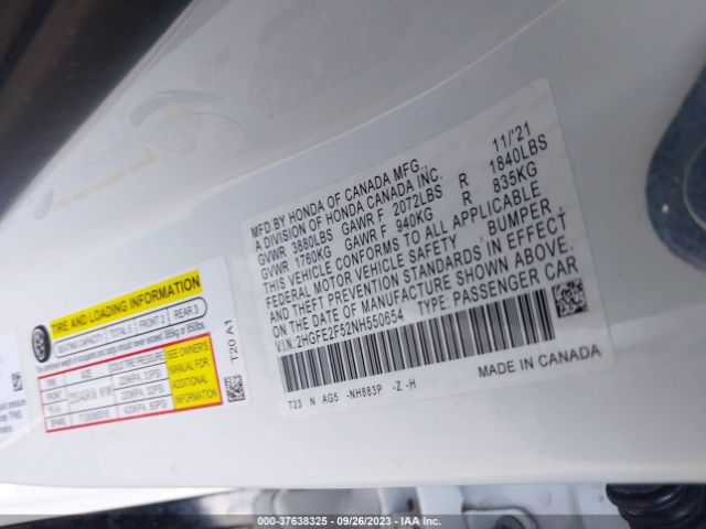 2HGFE2F52NH550654 Honda Civic Sedan Sport