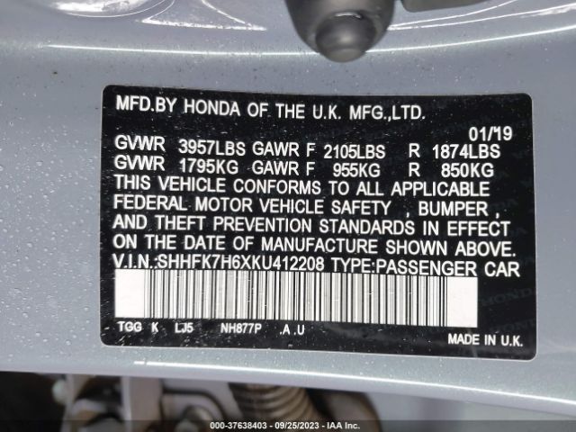 SHHFK7H6XKU412208 Honda Civic Hatchback Ex
