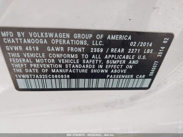 1VWBT7A32EC080938 Volkswagen Passat Se W/sunroof