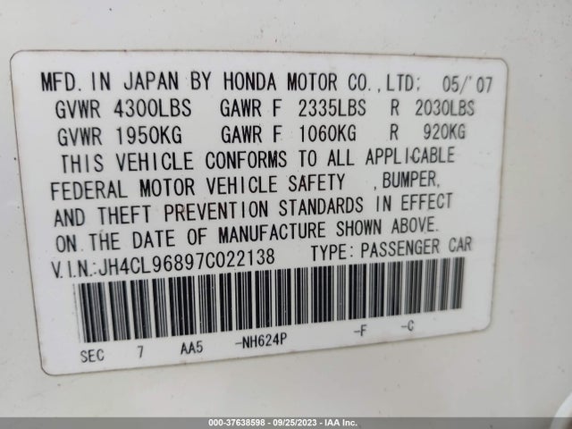 2007 ACURA TSX VIN: JH4CL96897C022138