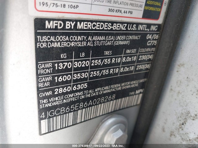 2006 MERCEDES-BENZ R-CLASS 3.5L VIN: 4JGCB65E86A028268