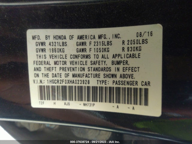 Honda ACCORD EX 2017 1HGCR2F0XHA023928 Image 9