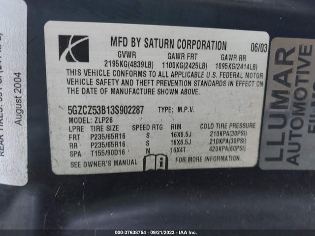 2003 SATURN VUE VIN: 5GZCZ53B13S902287