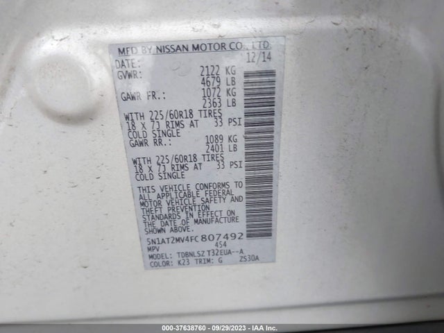 Nissan Rogue Sl 2015 5N1AT2MV4FC807492 Image 9