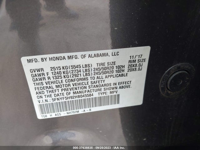 Honda Pilot Touring 2017 5FNYF5H92HB045584 Image 9