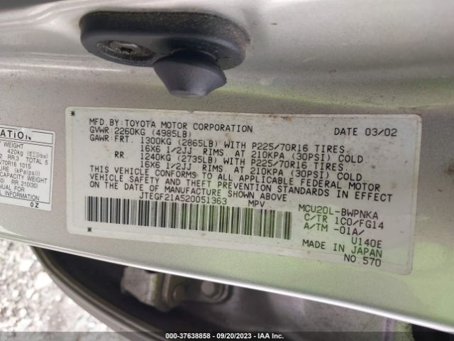 2002 TOYOTA HIGHLANDER JTEGF21A520051363 Photo 8