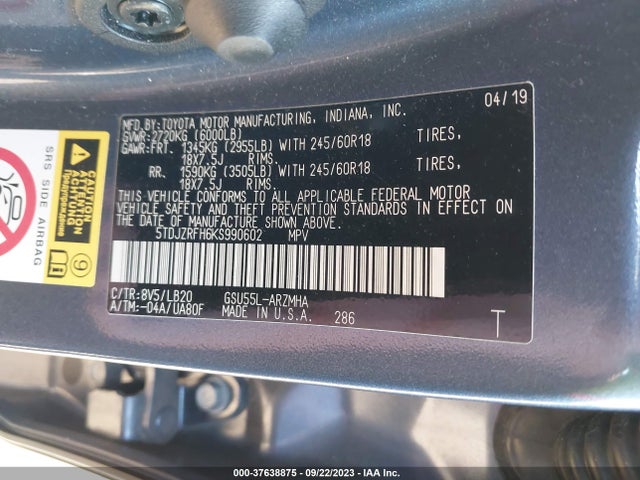 Toyota Highlander Xle 2019 5TDJZRFH6KS990602 Image 9