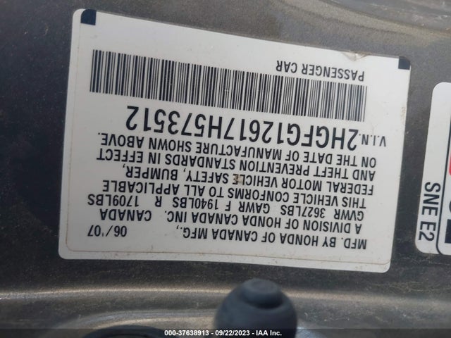 2007 HONDA CIVIC CPE LX VIN: 2HGFG12617H573512