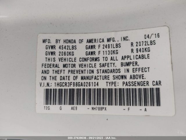 1HGCR3F98GA026104 Honda Accord Sedan Touring
