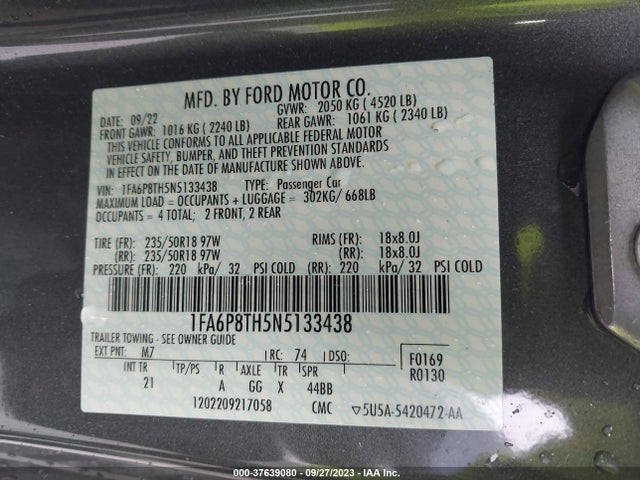 2022 FORD MUSTANG ECOBOOST VIN: 1FA6P8TH5N5133438