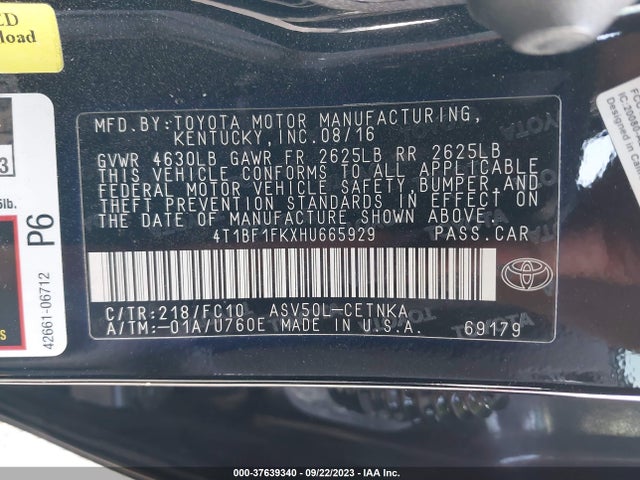 2017 TOYOTA CAMRY XLE/SE/LE/XSE VIN: 4T1BF1FKXHU665929