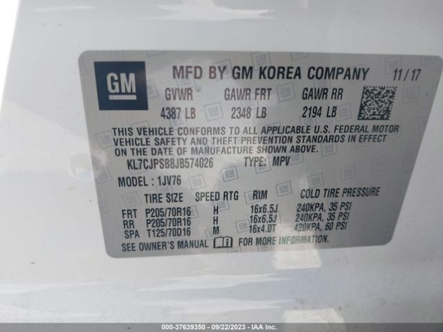 KL7CJPSB8JB574026 Chevrolet Trax Lt