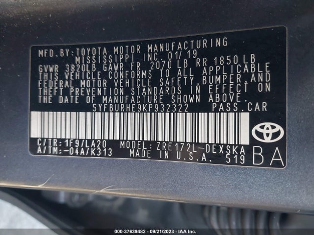 Toyota COROLLA LE 2019 5YFBURHE9KP932322 Image 9