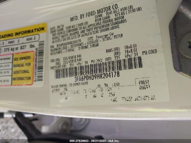 2017 FORD FUSION SE VIN: 3FA6P0HD9HR204178