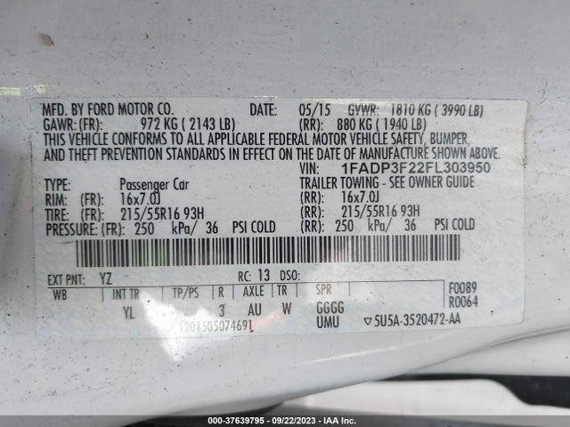 2015 FORD FOCUS SE VIN: 1FADP3F22FL303950