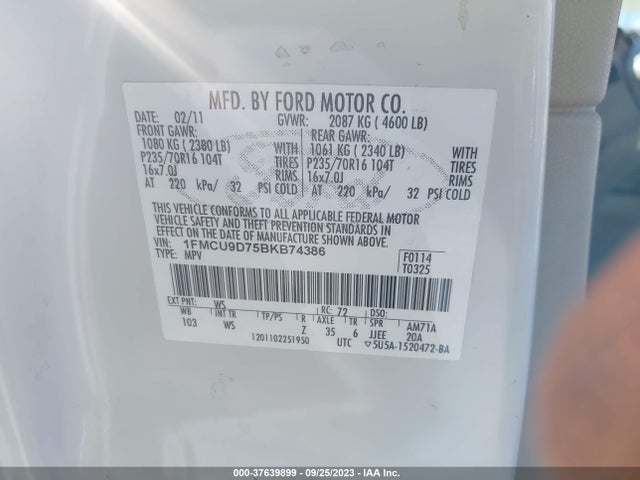2011 FORD ESCAPE XLT VIN: 1FMCU9D75BKB74386