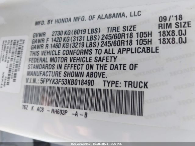 5FPYK3F53KB018490 Honda Ridgeline Rtl