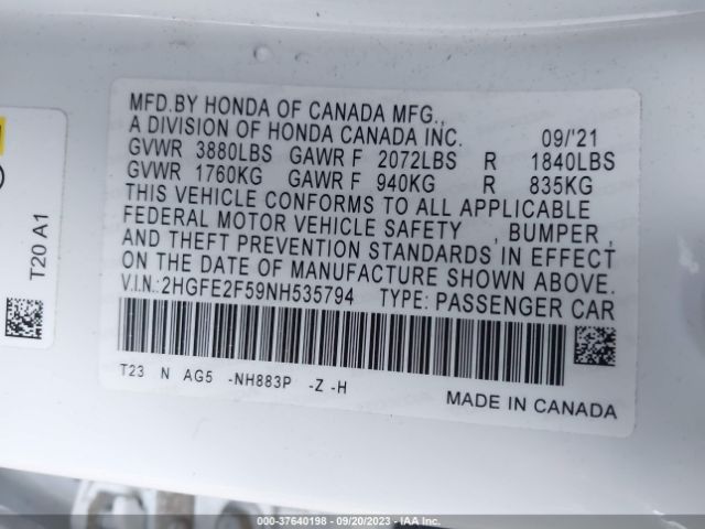 2HGFE2F59NH535794 Honda Civic Sedan Sport