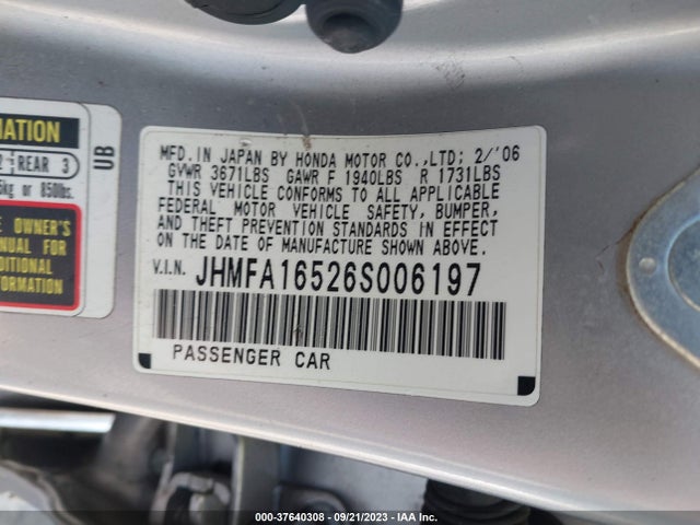 2006 HONDA CIVIC SDN LX VIN: JHMFA16526S006197
