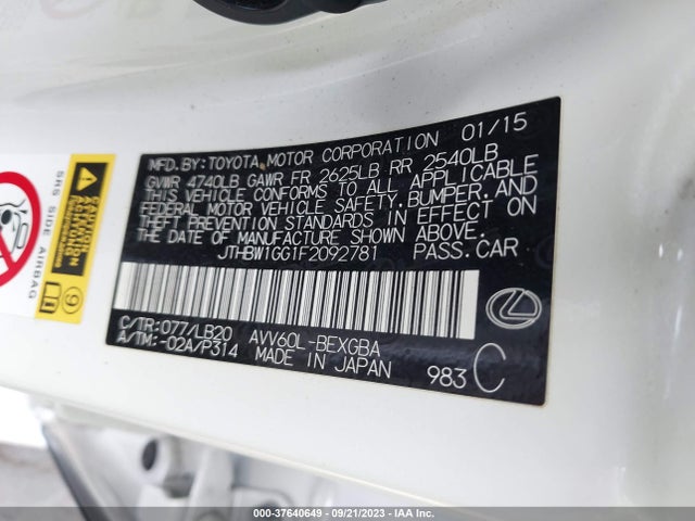 JTHBW1GG1F2092781 Lexus Es 300h Hybrid