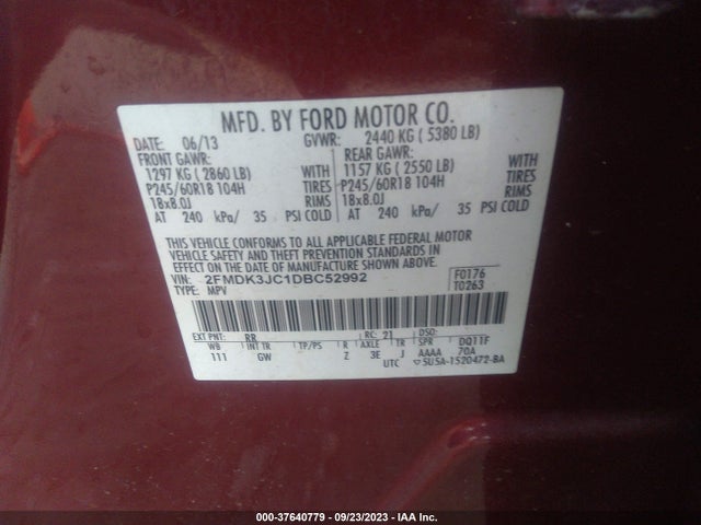 2013 FORD EDGE SEL VIN: 2FMDK3JC1DBC52992